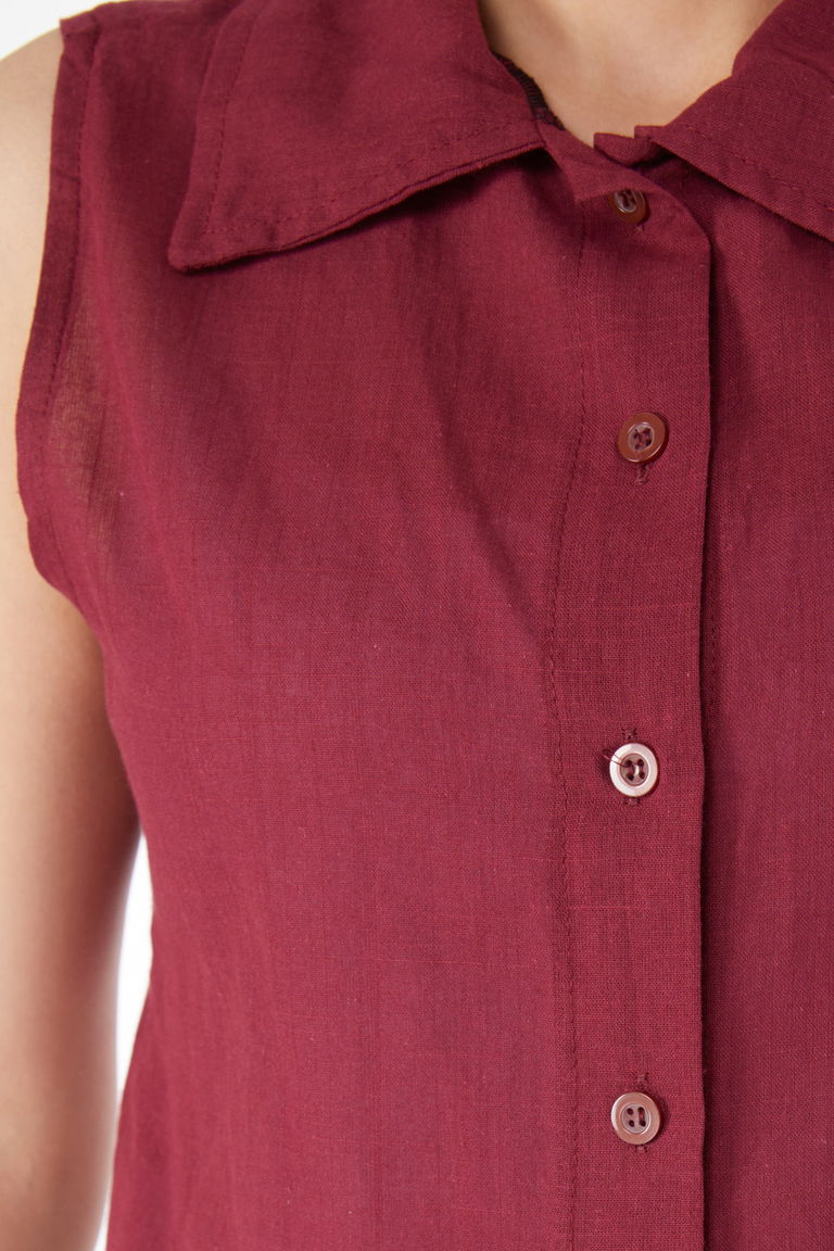 Düz Gömlek Yaka Kadın Bordo Bel Bağlamalı Kısa Gömlek - 13155 - TOFİSA