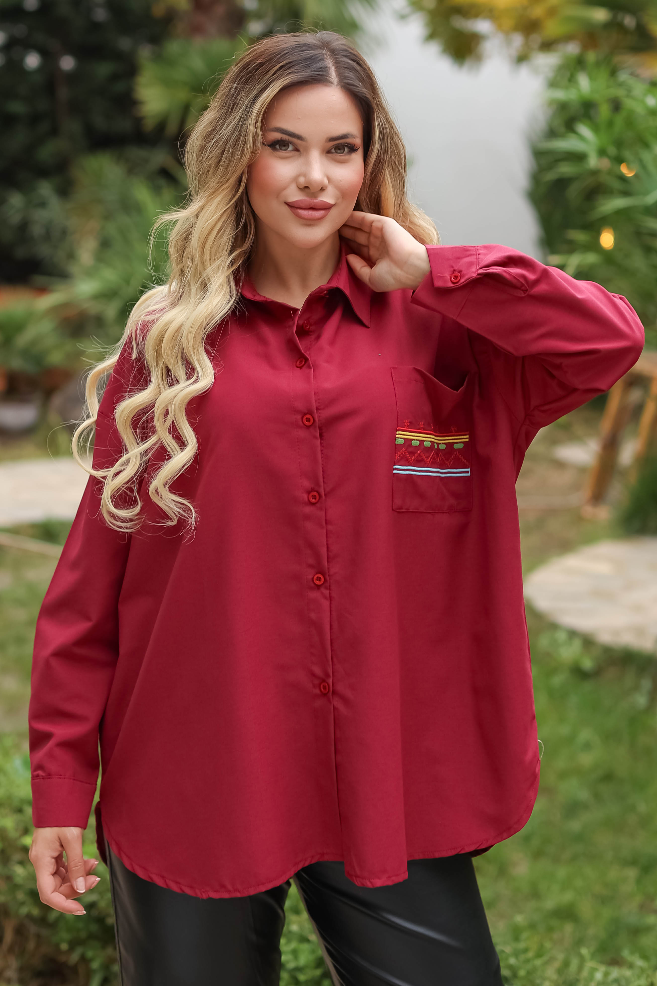 Cep Nakışlı Gömlek Bordo - 13248 - 1