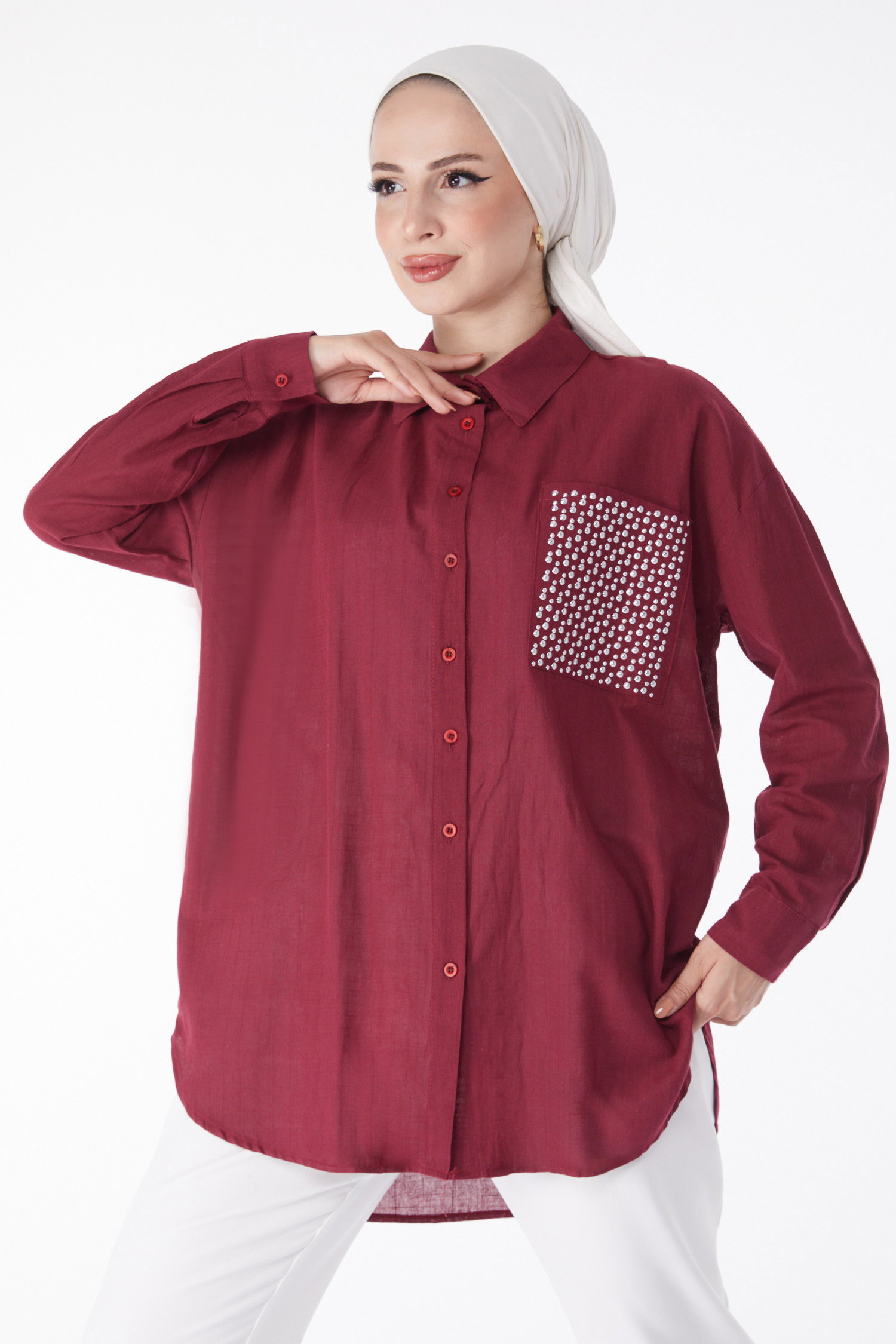 Cep Taş Detaylı Tunik Bordo - 13168 - 1