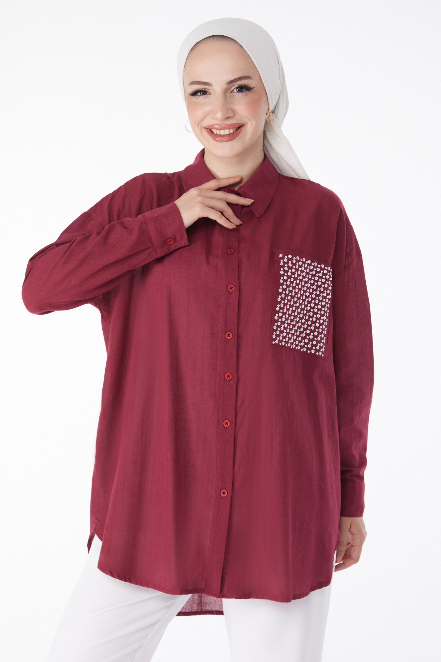 Cep Taş Detaylı Tunik Bordo - 13168 - 2