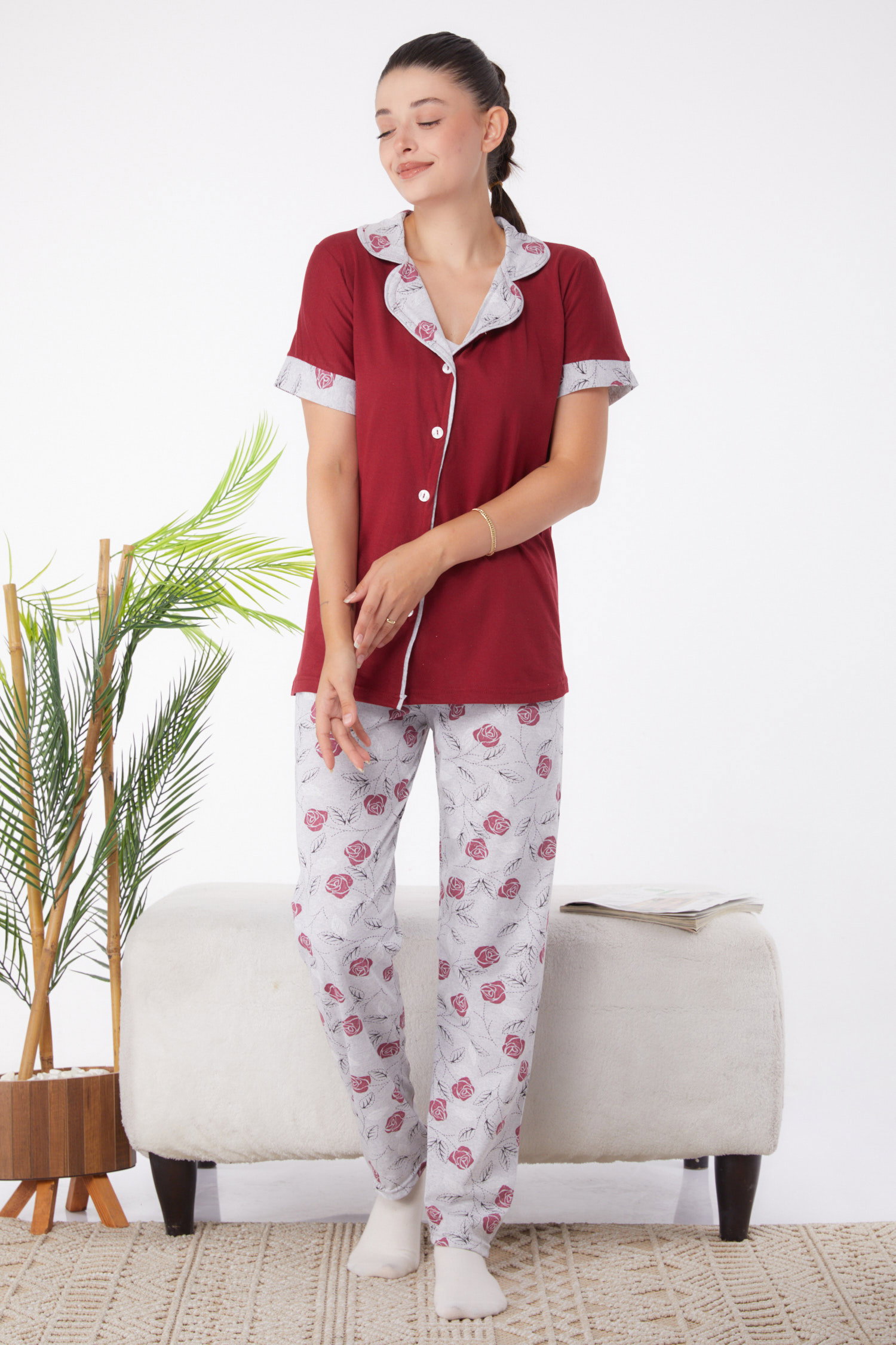 Düz Gömlek Yaka Kadın Bordo Desenli Pijama Takımı - 25968 - 2