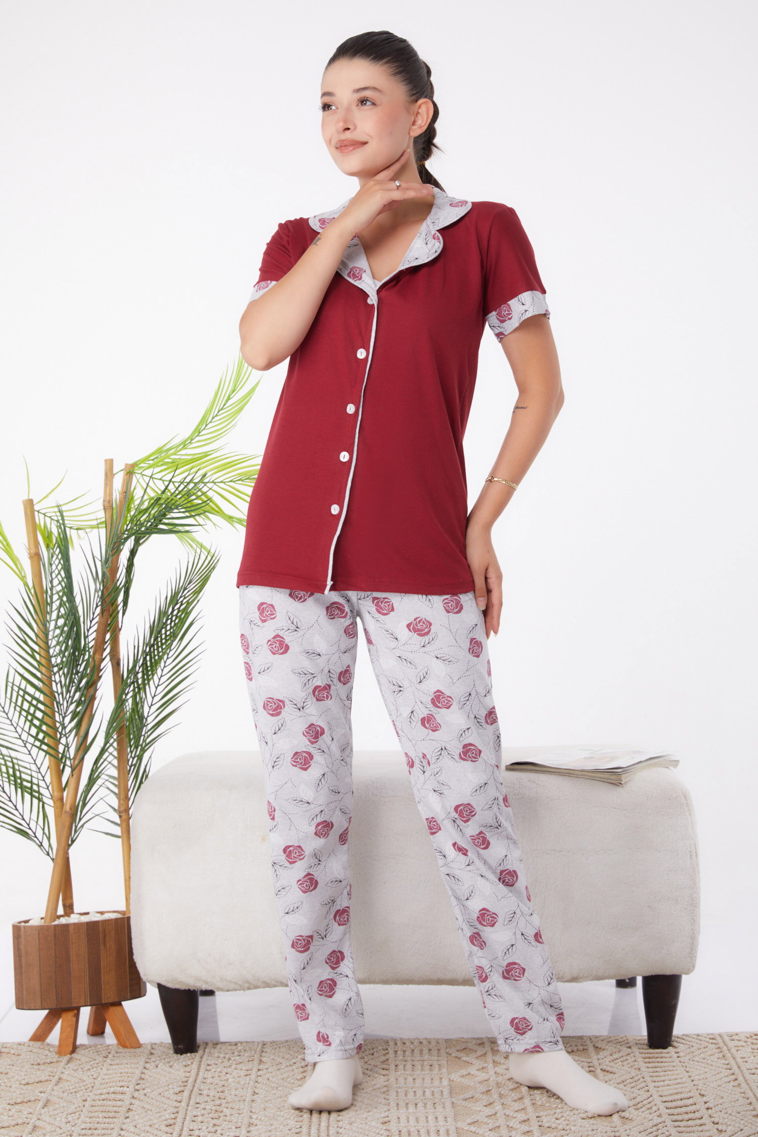 Düz Gömlek Yaka Kadın Bordo Desenli Pijama Takımı - 25968 - 3