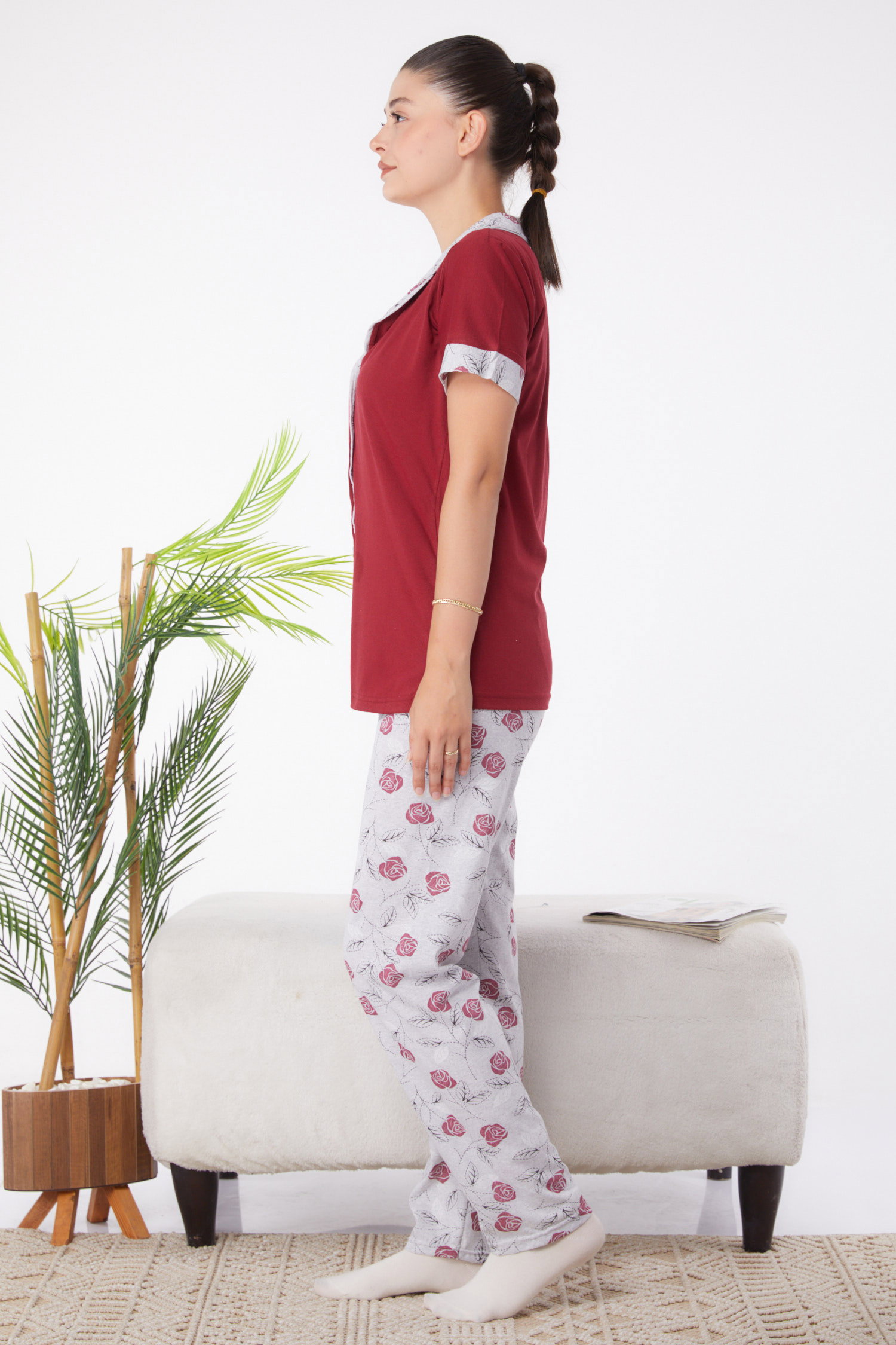 Düz Gömlek Yaka Kadın Bordo Desenli Pijama Takımı - 25968 - 4