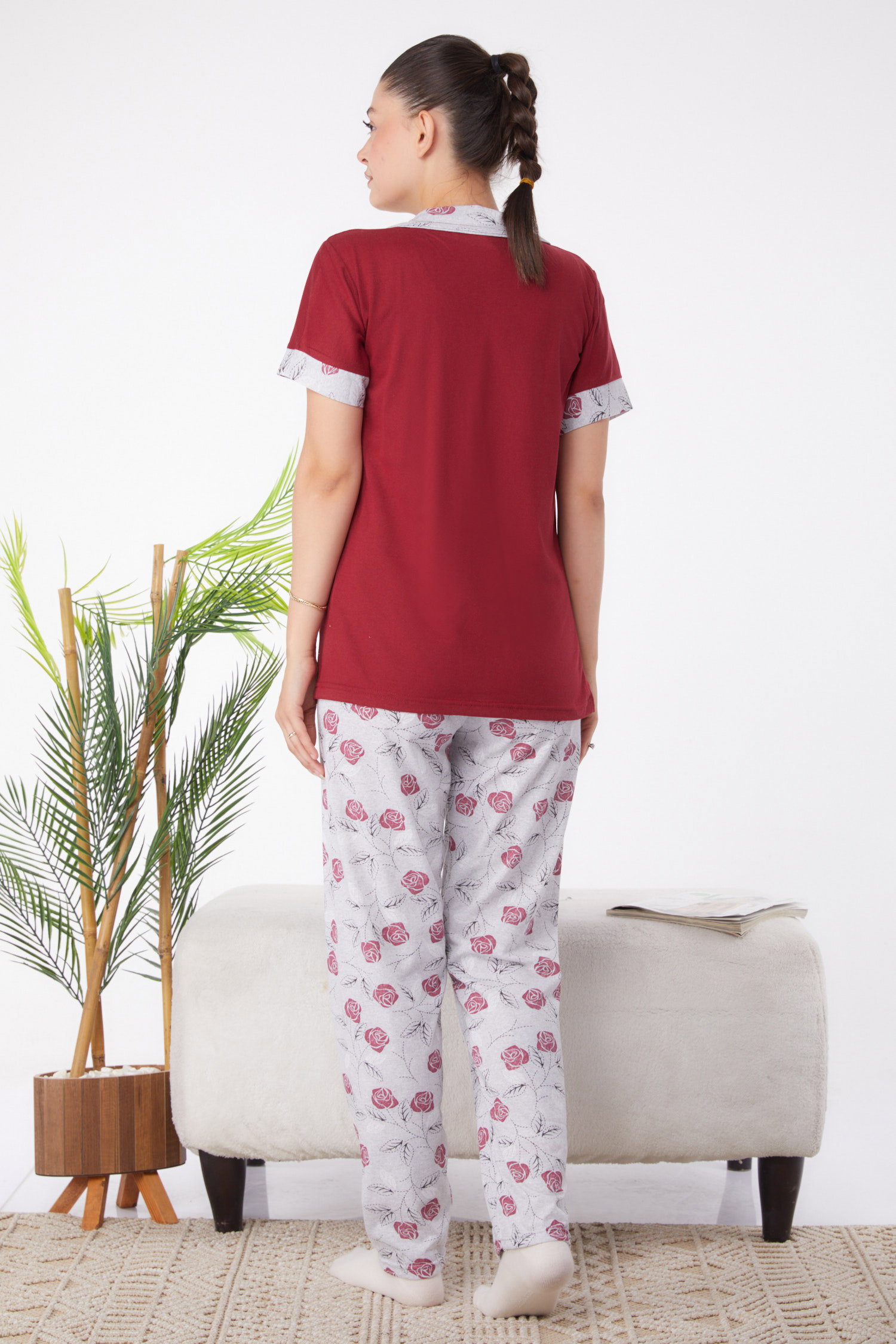 Düz Gömlek Yaka Kadın Bordo Desenli Pijama Takımı - 25968 - 5