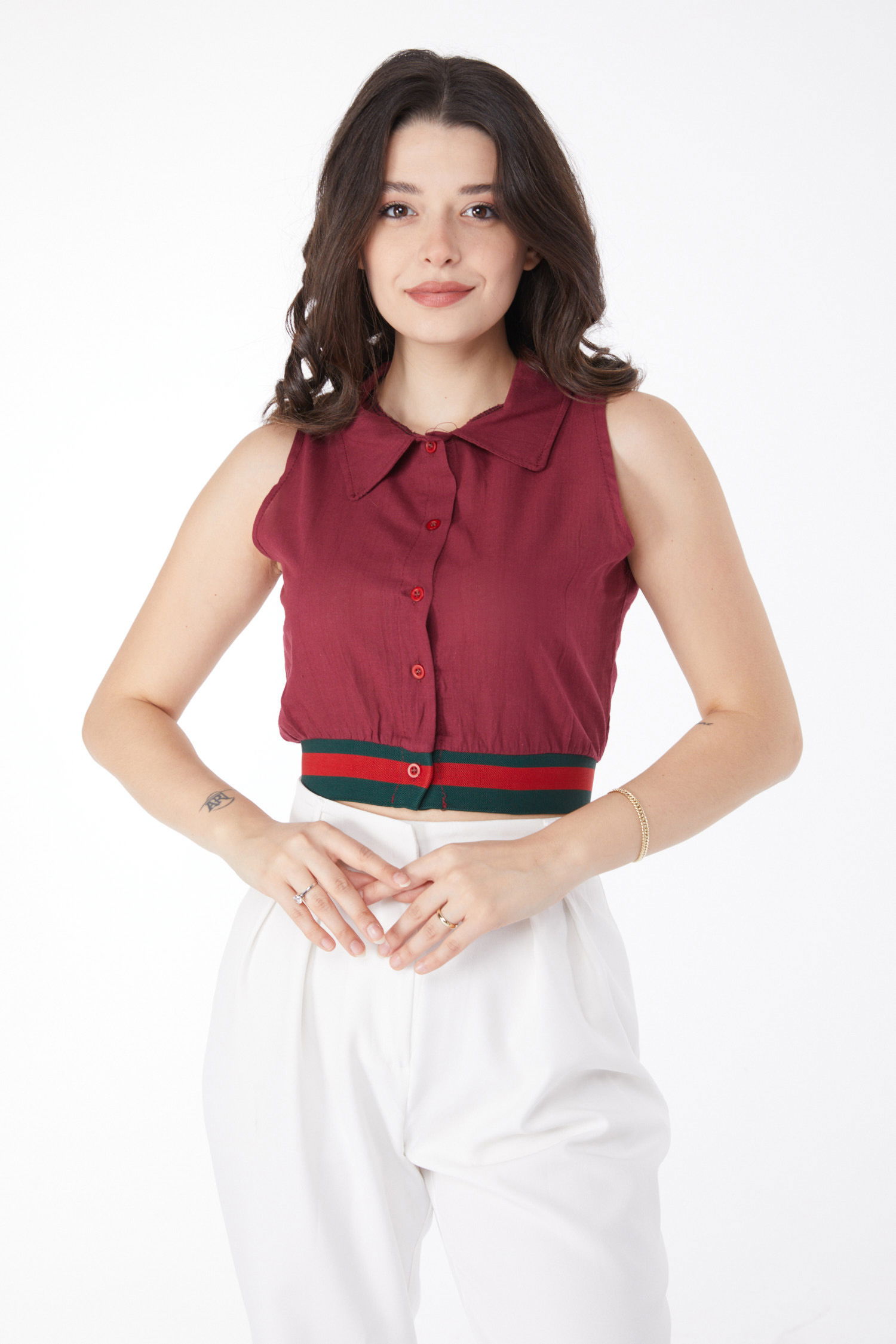 Etek Lastik Detaylı Crop Bordo - 13162 - 2