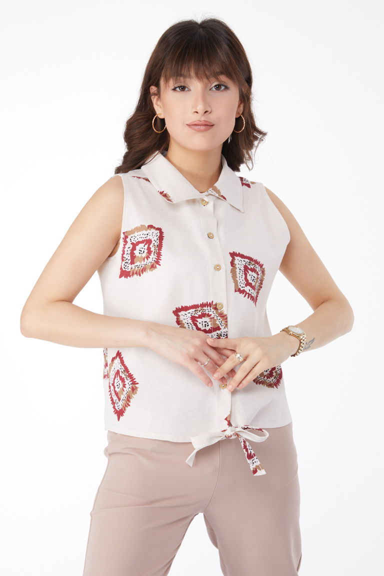 Etek Ucu Bağlamalı Desenli Gömlek Bordo - 13150 - TOFİSA