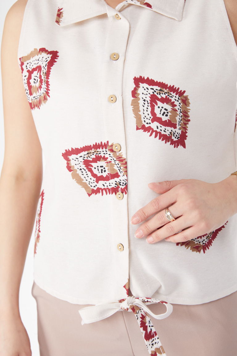 Etek Ucu Bağlamalı Desenli Gömlek Bordo - 13150 - TOFİSA