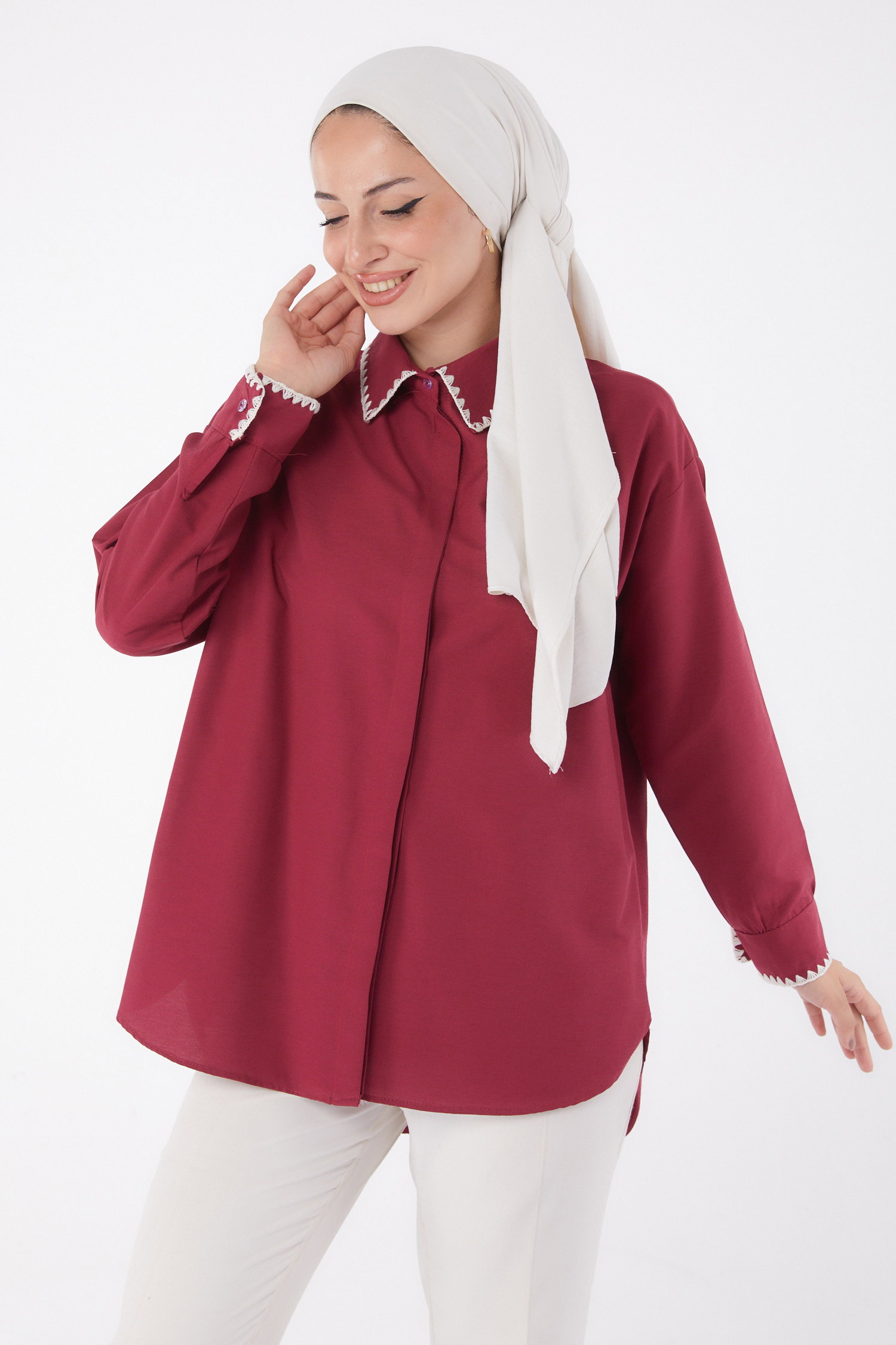 Nakışlı Gömlek Bordo - 13253 - 2