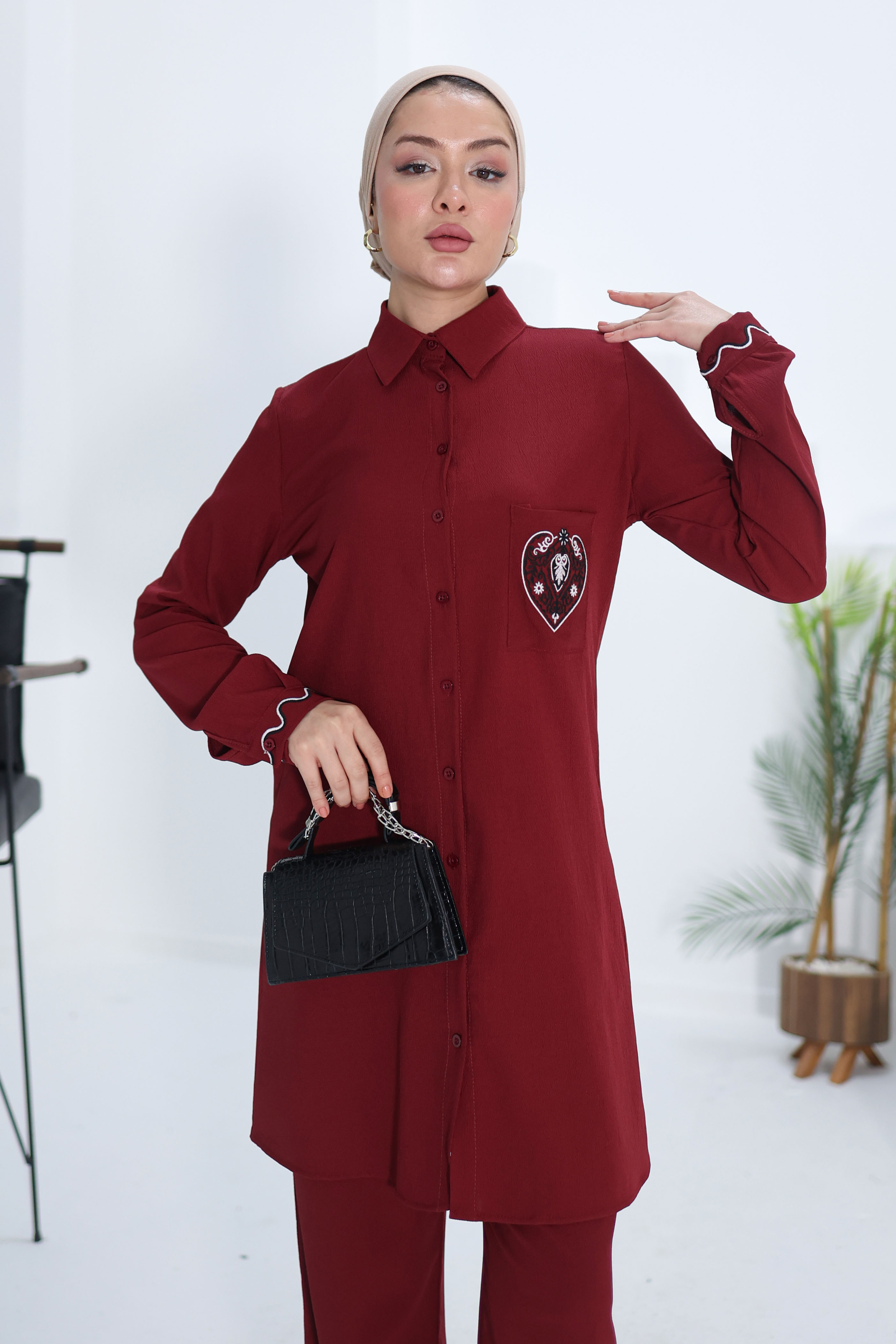 Düz Gömlek Yaka Kadın Bordo Nakışlı İkili Takım - 13279 - 2
