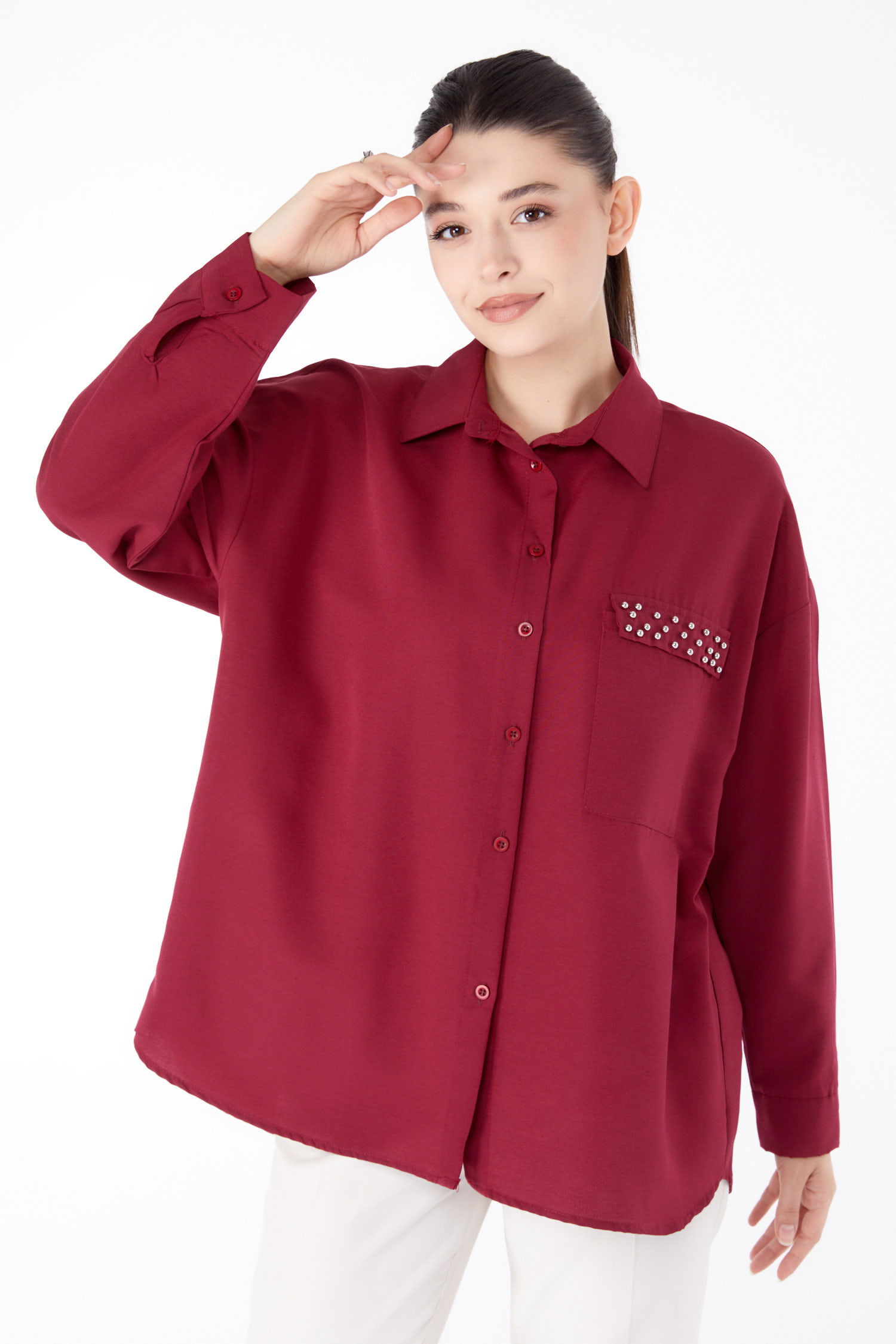 Taş Detaylı Gömlek Bordo - 13194 - 1