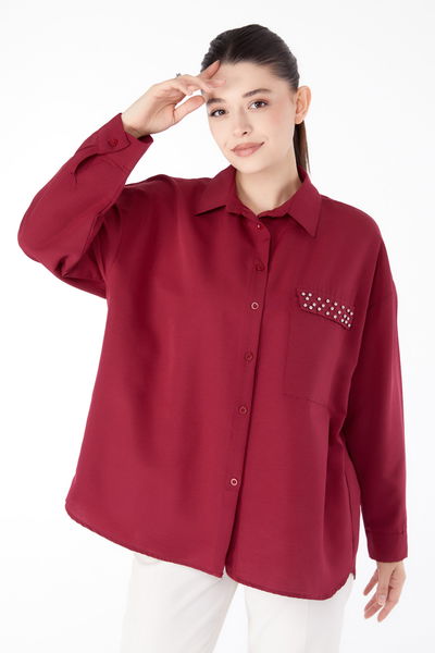 Taş Detaylı Gömlek Bordo - 13194 