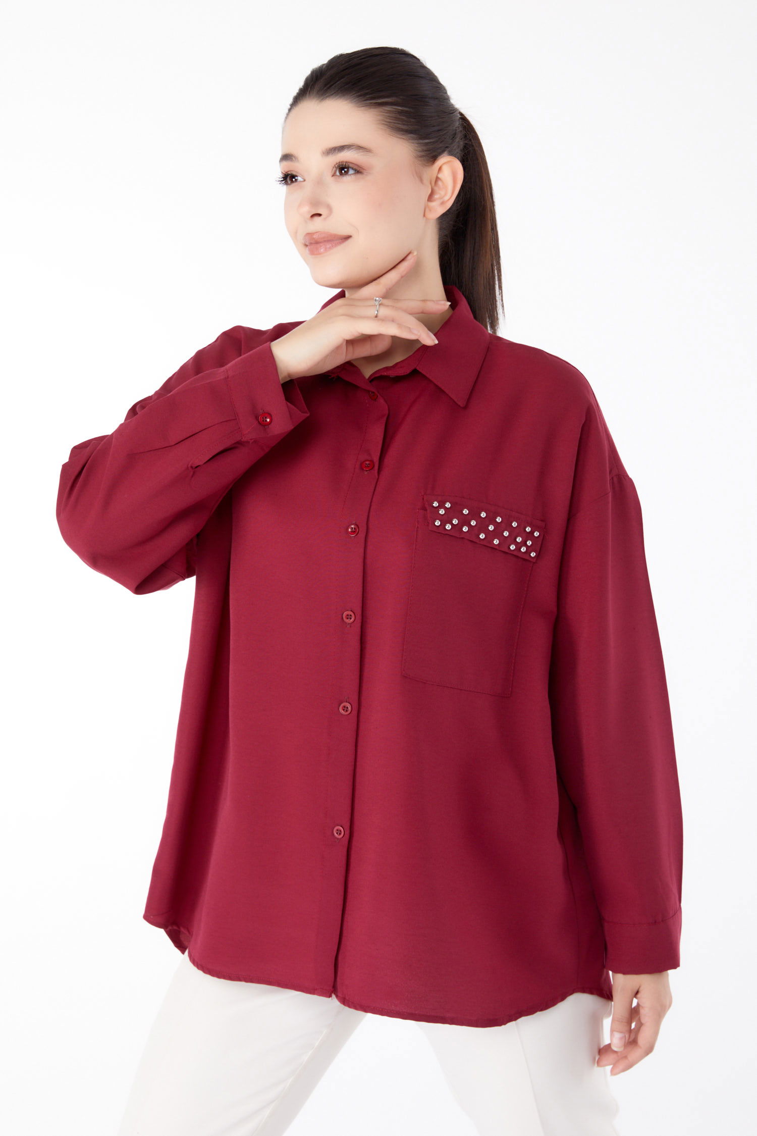 Taş Detaylı Gömlek Bordo - 13194 - 2