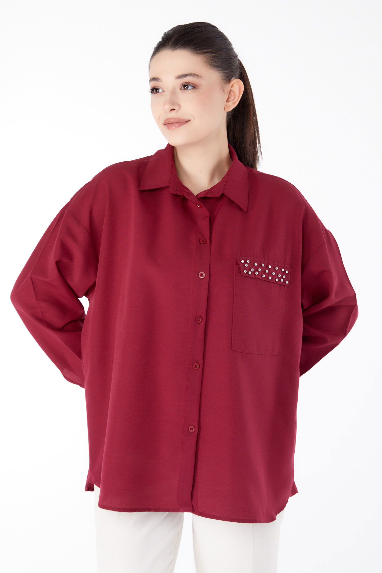 Taş Detaylı Gömlek Bordo - 13194 - 3