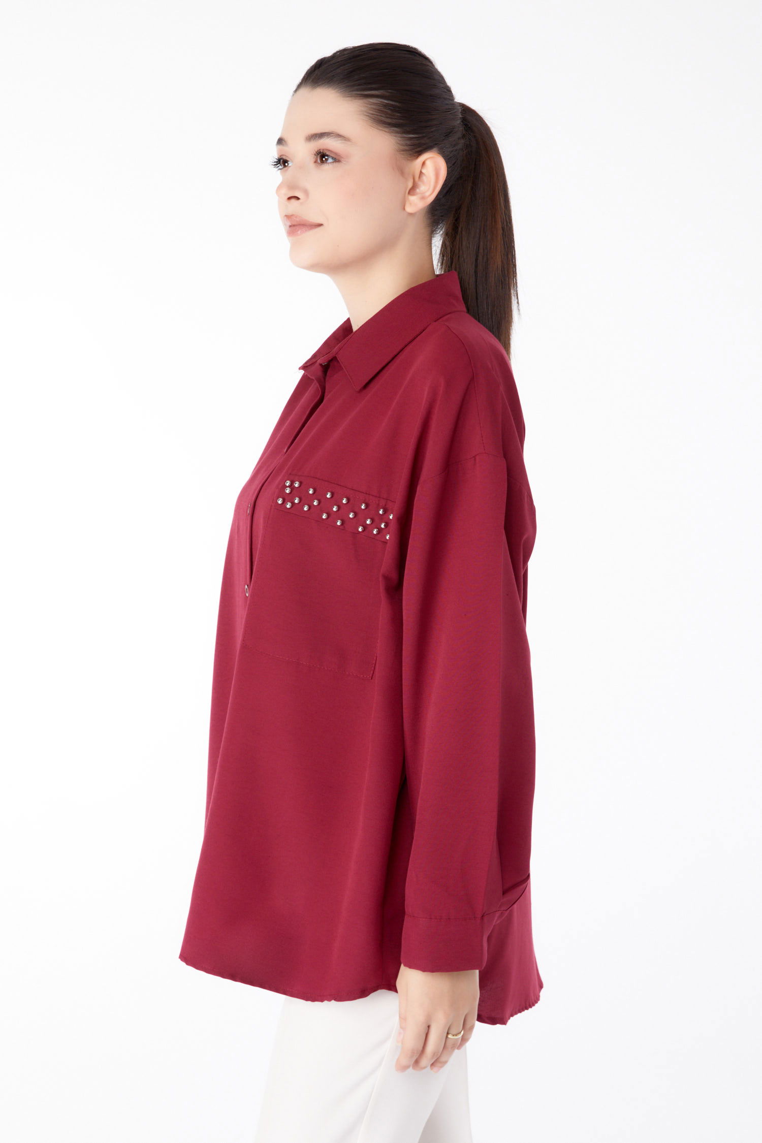 Taş Detaylı Gömlek Bordo - 13194 - 4