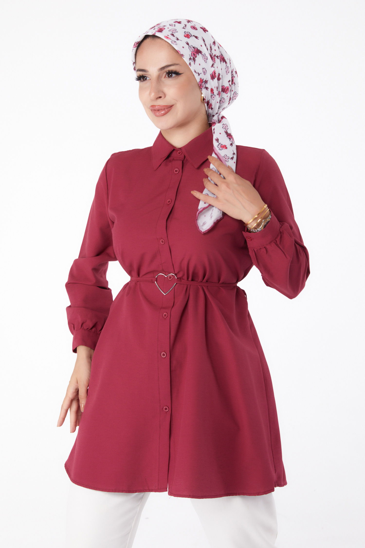 Düz Gömlek Yaka Kadın Bordo Tunik - 13280 - 1