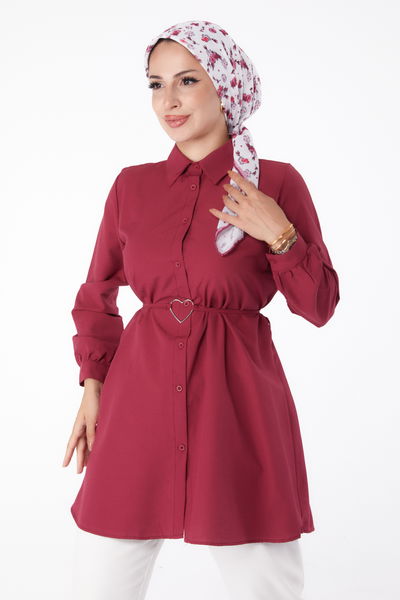 Düz Gömlek Yaka Kadın Bordo Tunik - 13280 