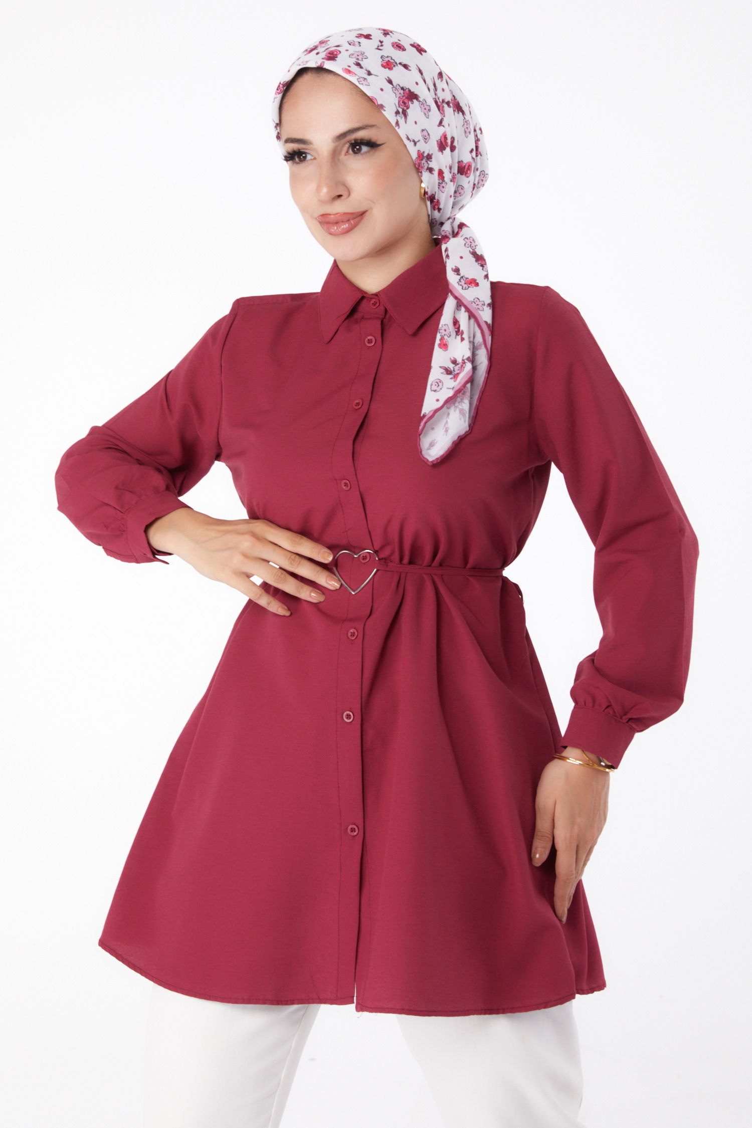Düz Gömlek Yaka Kadın Bordo Tunik - 13280 - 2