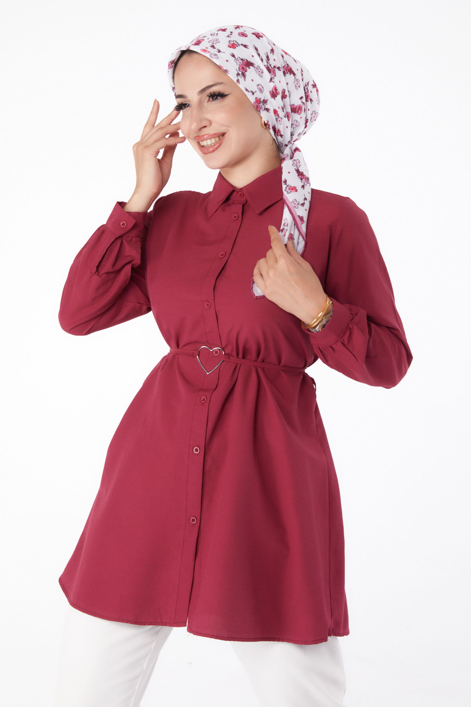 Düz Gömlek Yaka Kadın Bordo Tunik - 13280 - 3