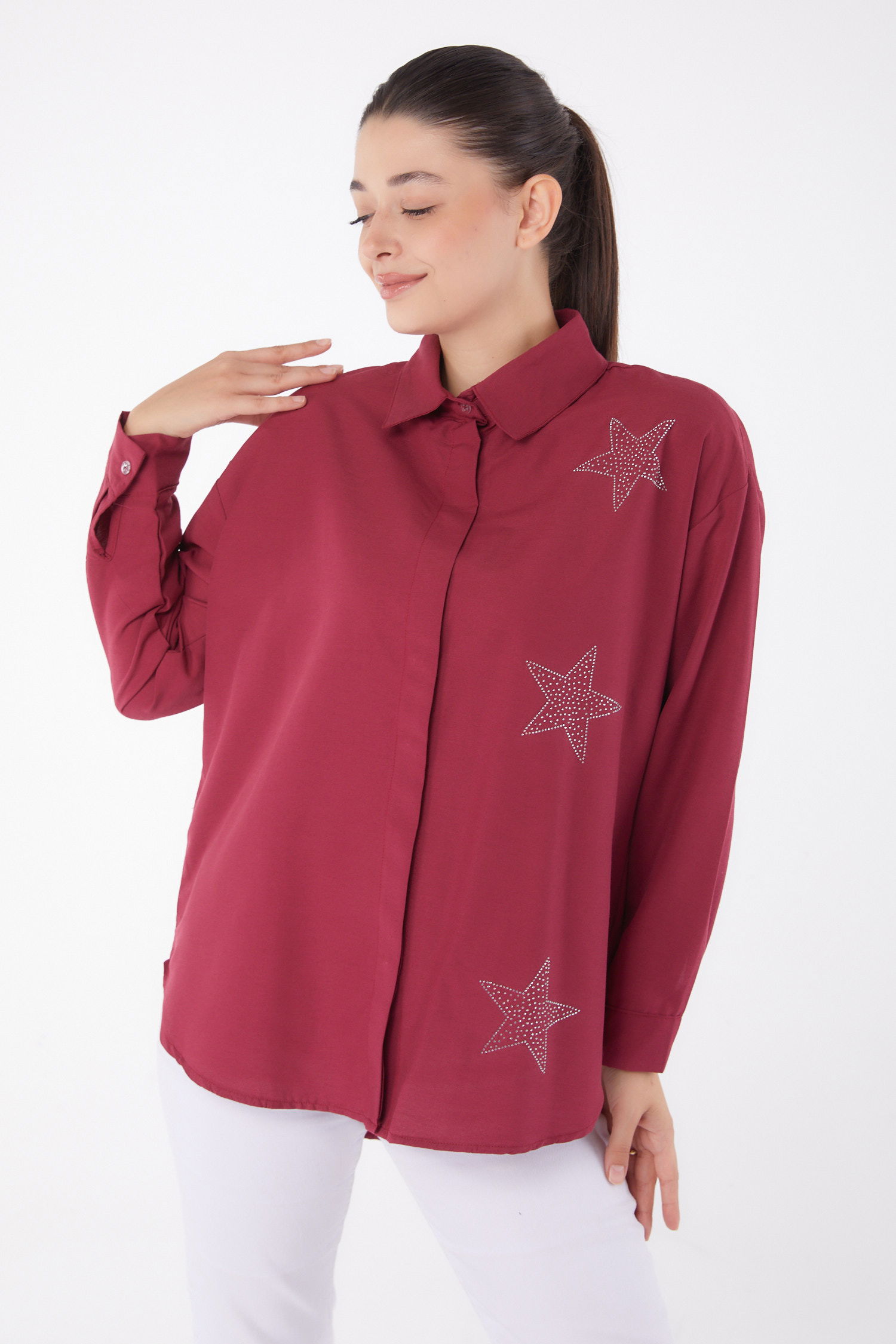 Yıldız Taşlı Gömlek Bordo - 13255 - 1