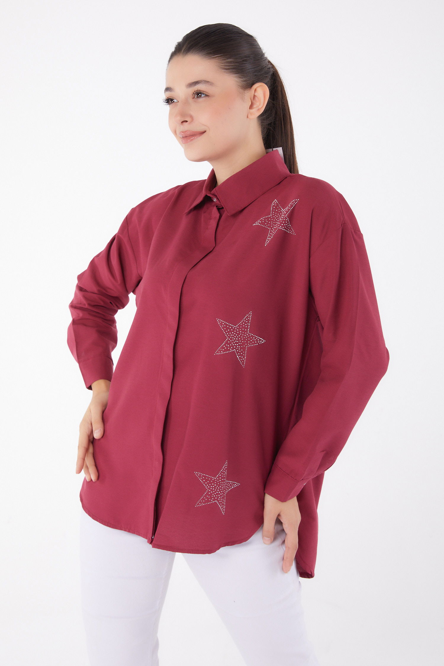 Yıldız Taşlı Gömlek Bordo - 13255 - 2
