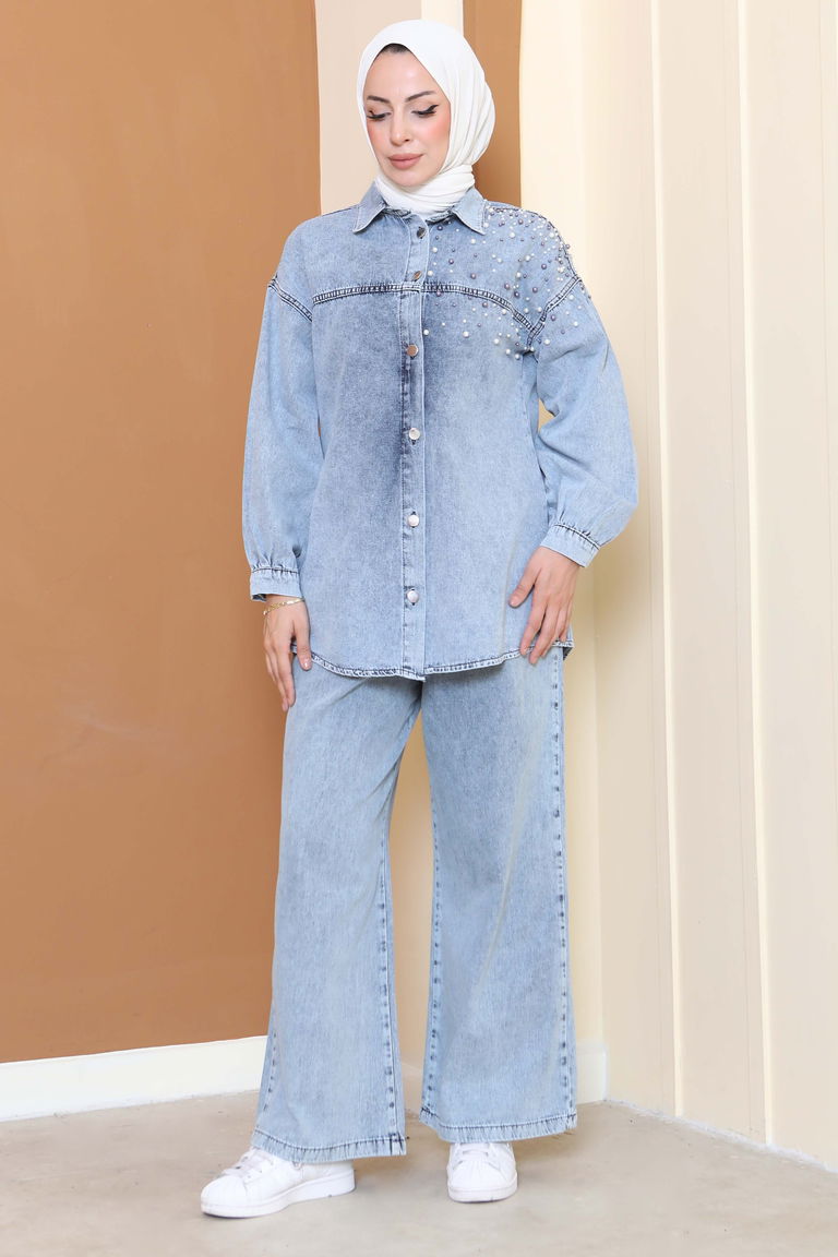 Düz Gömlek Yaka Kadın Buz Mavi İnci Detaylı Tensel İkili Takım - 25362 - TOFİSA