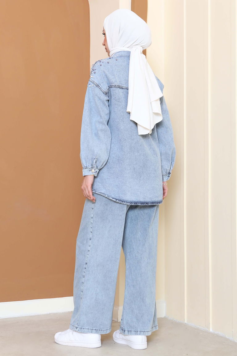 Düz Gömlek Yaka Kadın Buz Mavi İnci Detaylı Tensel İkili Takım - 25362 - TOFİSA