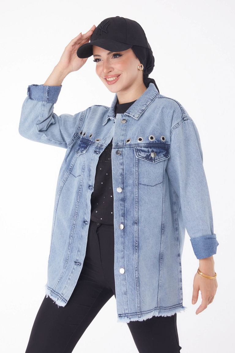 Düz Gömlek Yaka Kadın Buz Mavi Kuş Gözlü Kot Ceket - 25363 - TOFİSA