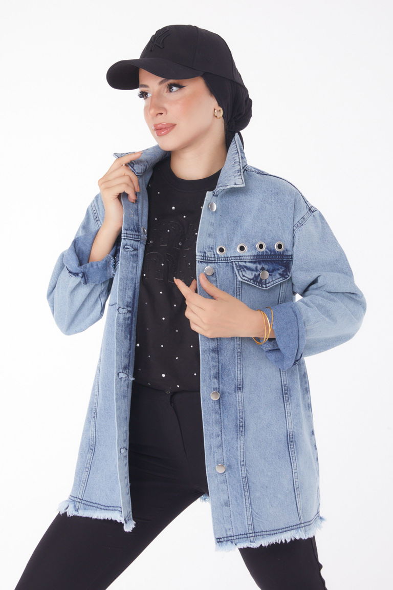 Düz Gömlek Yaka Kadın Buz Mavi Kuş Gözlü Kot Ceket - 25363 - TOFİSA