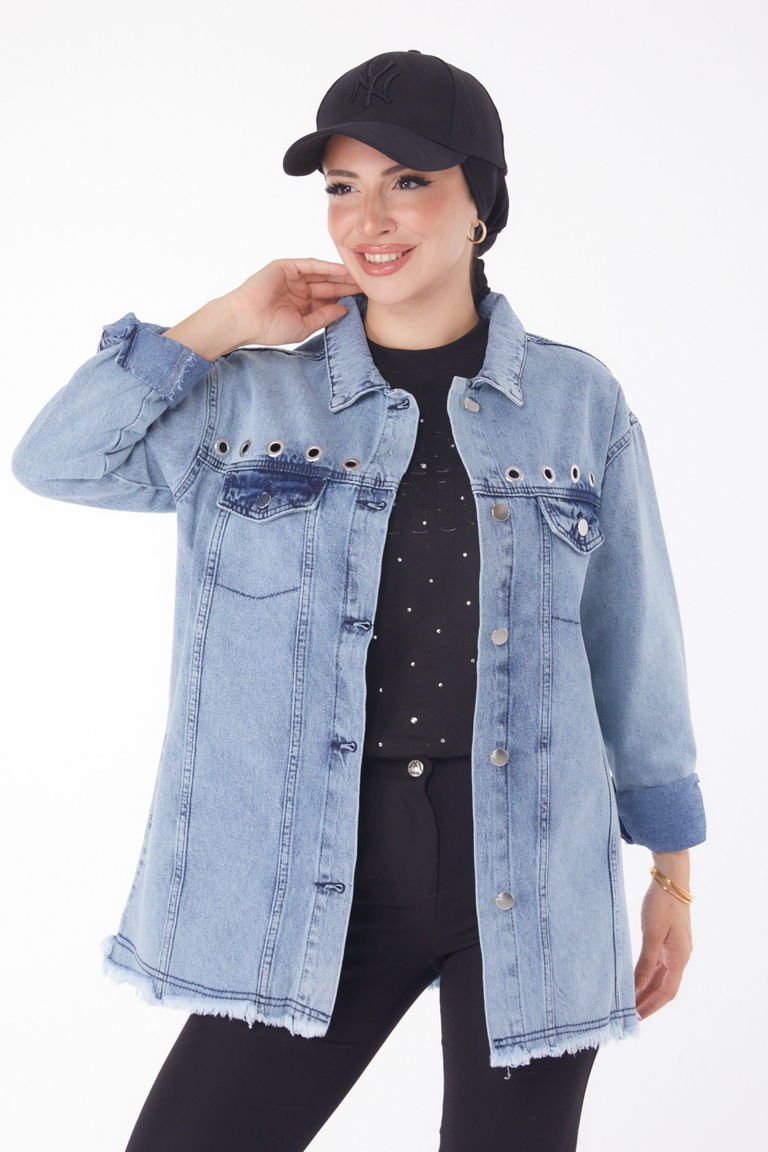 Düz Gömlek Yaka Kadın Buz Mavi Kuş Gözlü Kot Ceket - 25363 - TOFİSA