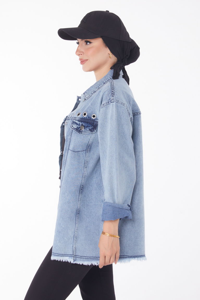 Düz Gömlek Yaka Kadın Buz Mavi Kuş Gözlü Kot Ceket - 25363 - TOFİSA