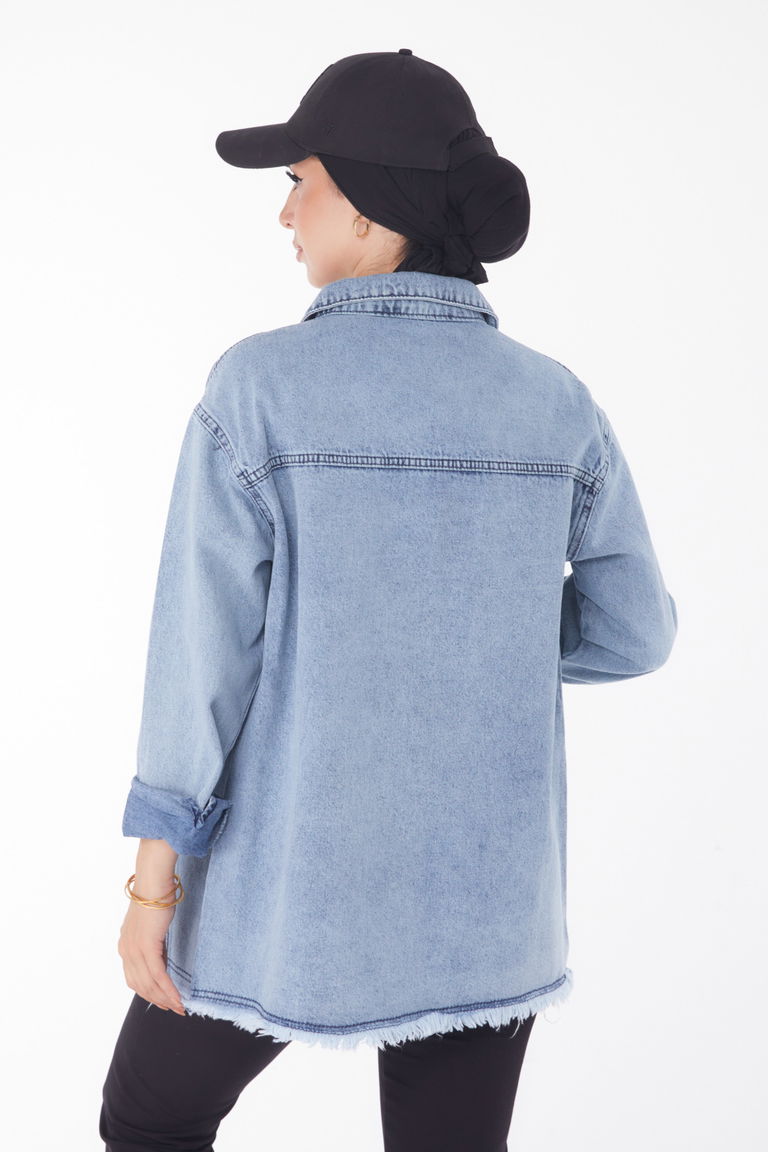 Düz Gömlek Yaka Kadın Buz Mavi Kuş Gözlü Kot Ceket - 25363 - TOFİSA