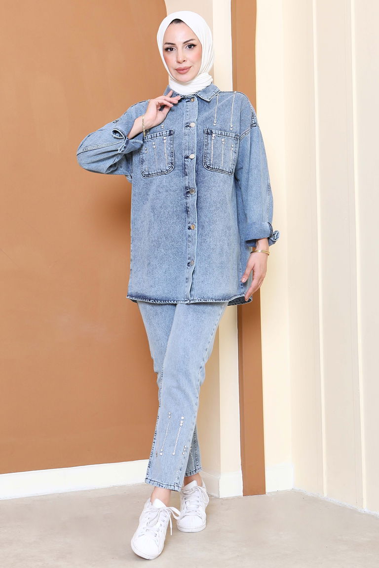 Düz Gömlek Yaka Kadın Buz Mavi Taş Detaylı İkili Takım - 25364 - TOFİSA