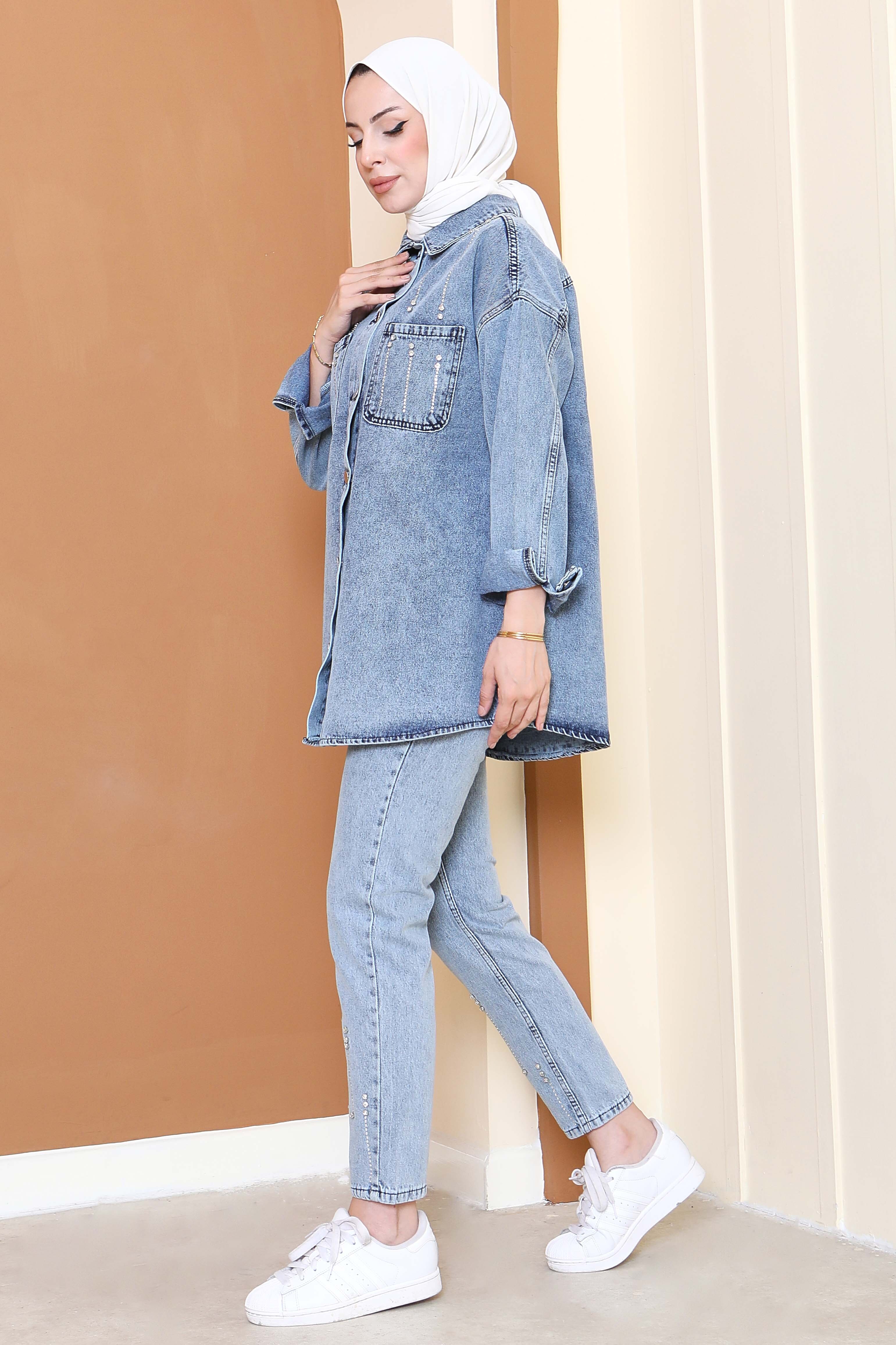 Düz Gömlek Yaka Kadın Buz Mavi Taş Detaylı İkili Takım - 25364 - 5