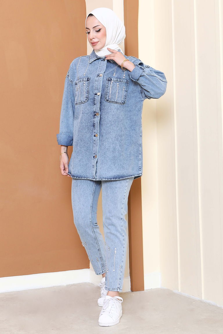 Düz Gömlek Yaka Kadın Buz Mavi Taş Detaylı İkili Takım - 25364 - TOFİSA