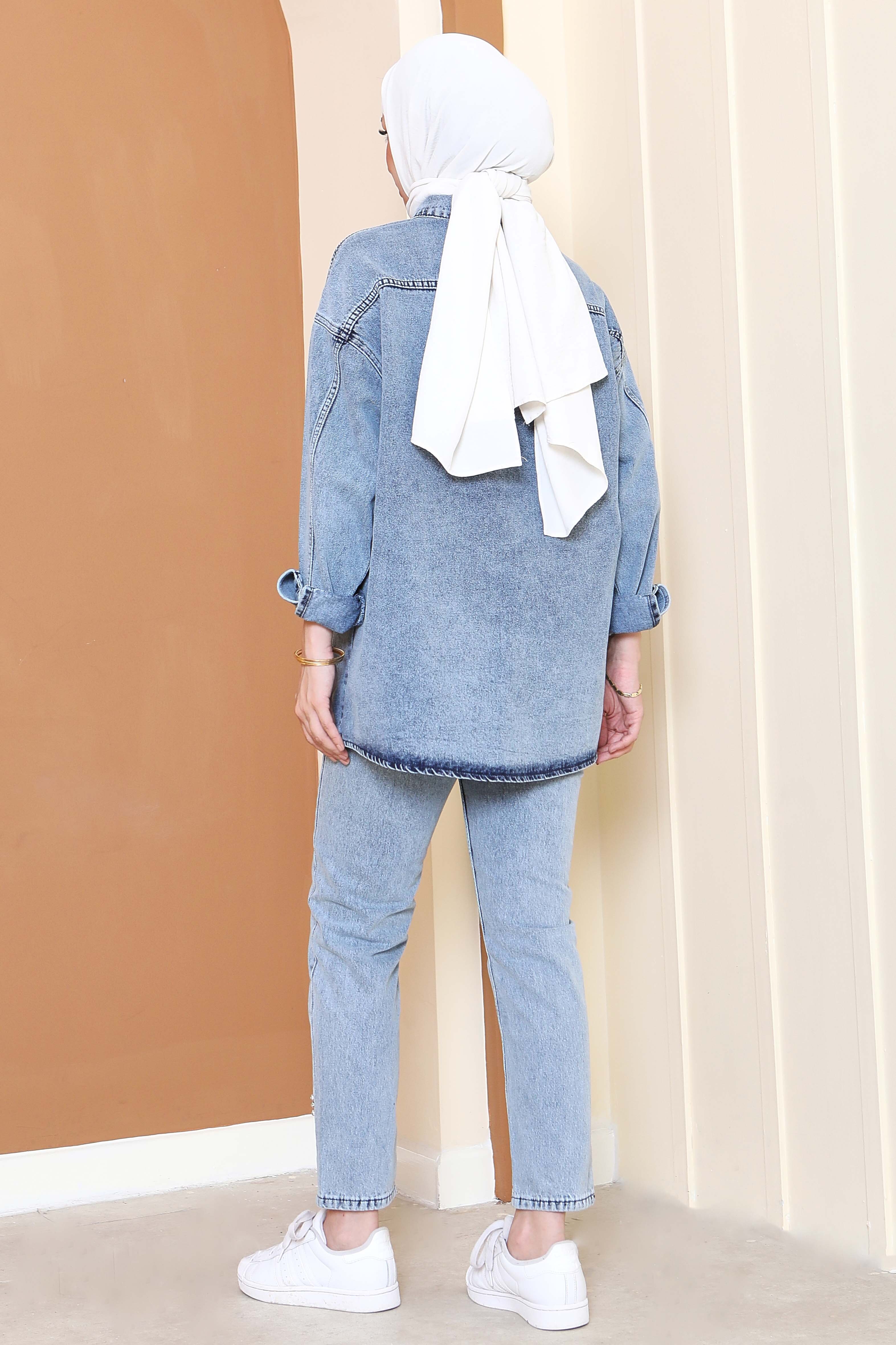 Düz Gömlek Yaka Kadın Buz Mavi Taş Detaylı İkili Takım - 25364 - 6