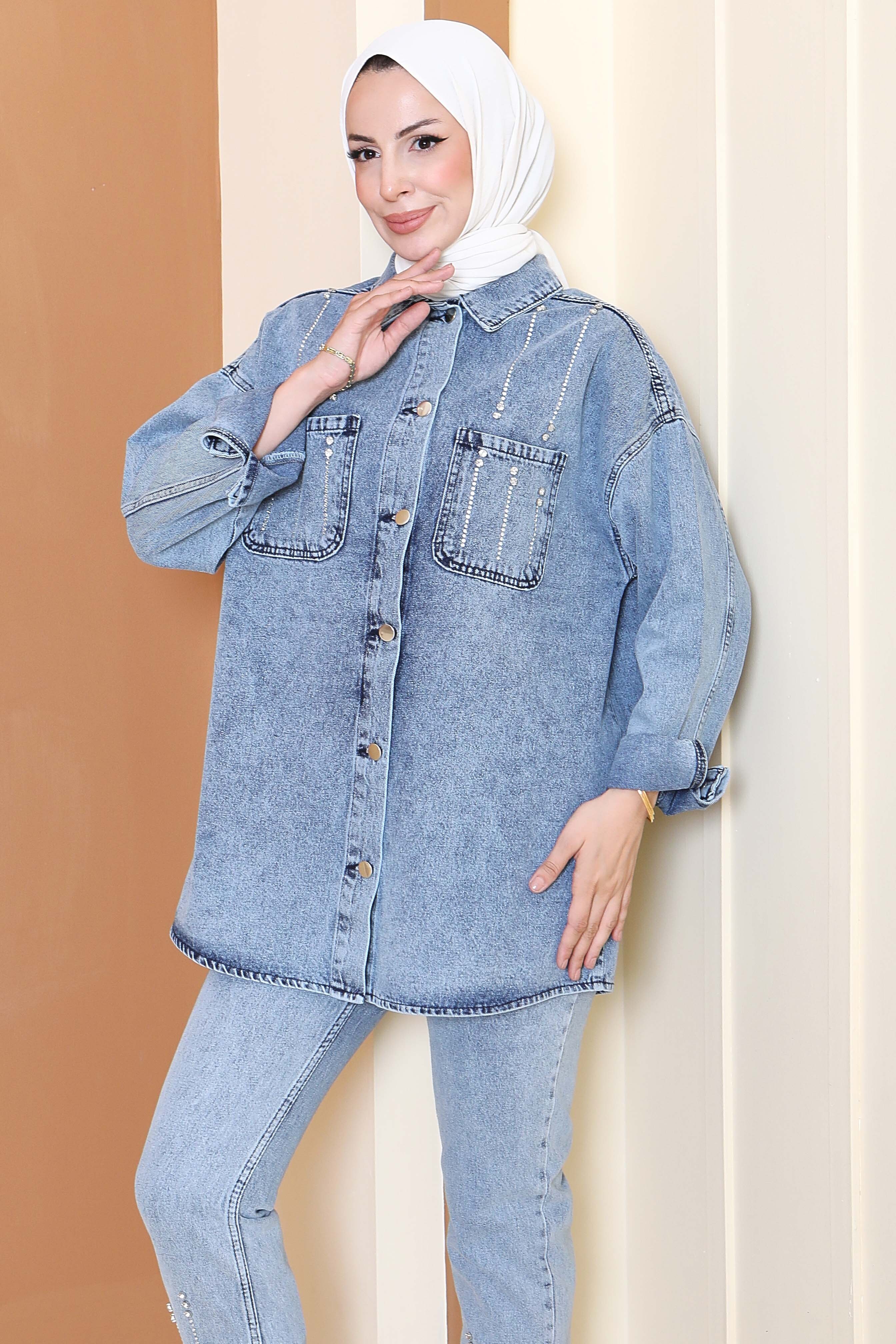 Düz Gömlek Yaka Kadın Buz Mavi Taş Detaylı İkili Takım - 25364 - 4