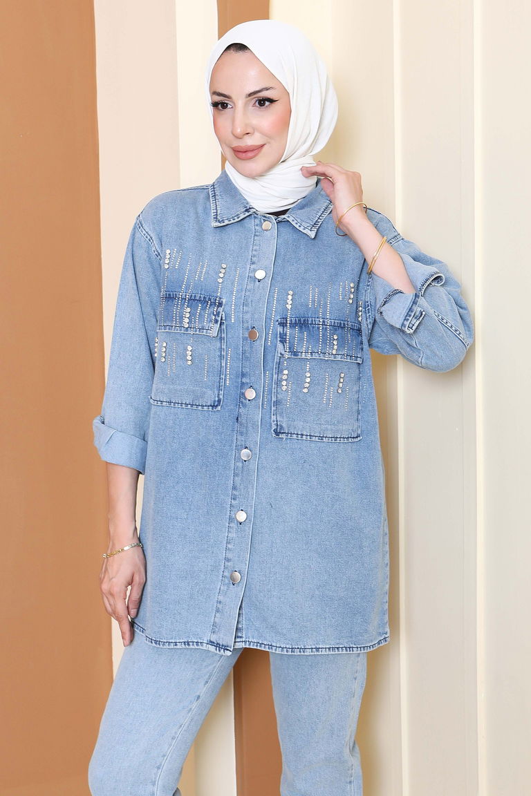 Düz Gömlek Yaka Kadın Buz Mavi Taş Detaylı Tensel İkili Takım - 25366 - TOFİSA