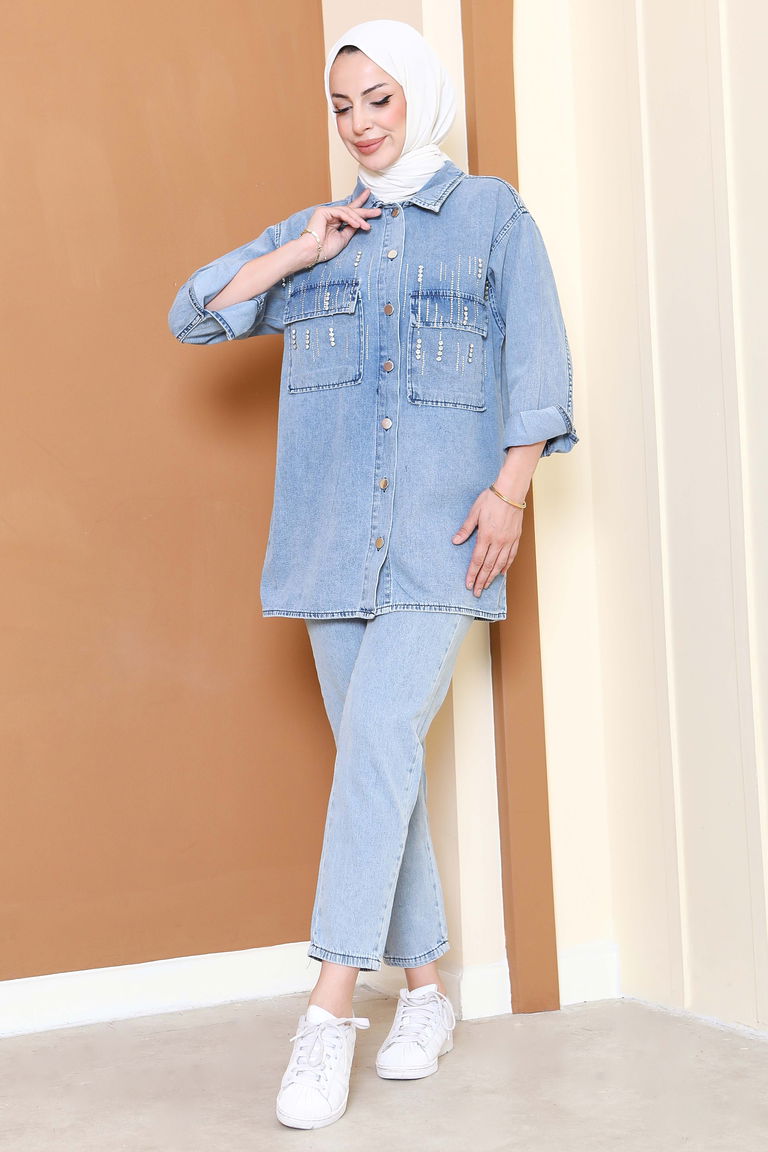 Düz Gömlek Yaka Kadın Buz Mavi Taş Detaylı Tensel İkili Takım - 25366 - TOFİSA