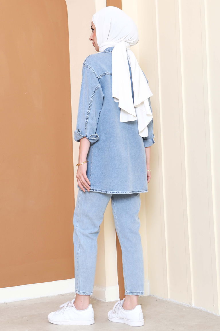 Düz Gömlek Yaka Kadın Buz Mavi Taş Detaylı Tensel İkili Takım - 25366 - TOFİSA