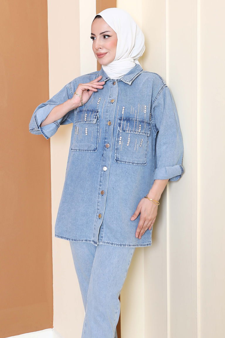 Düz Gömlek Yaka Kadın Buz Mavi Taş Detaylı Tensel İkili Takım - 25366 - TOFİSA