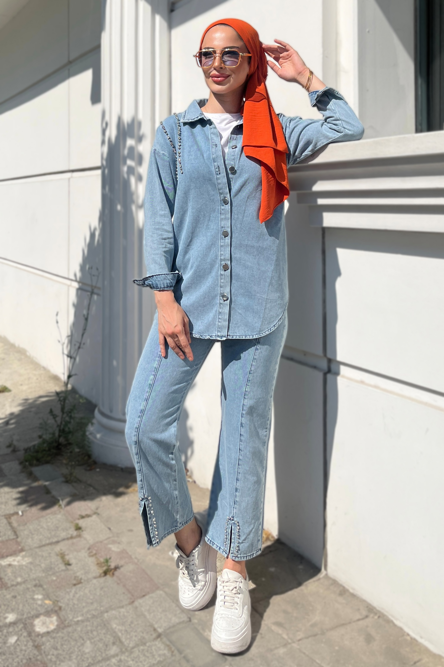 Düz Gömlek Yaka Kadın Buz Mavi Tensel Taş Detaylı İkili Takım - 25365 - 1