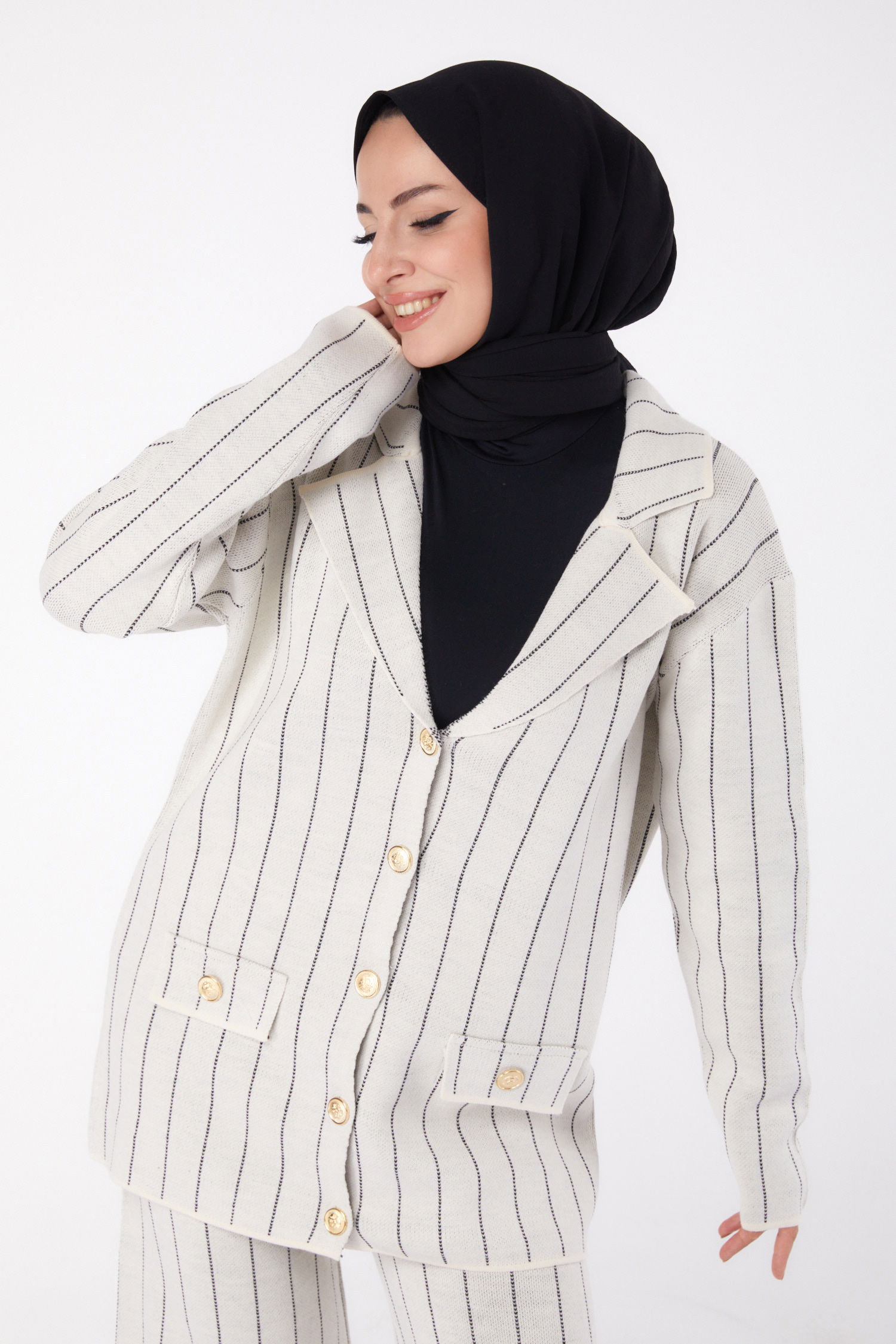 Çizgili Triko Takım Ekru - 26411 - 1