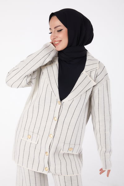 Çizgili Triko Takım Ekru - 26411 
