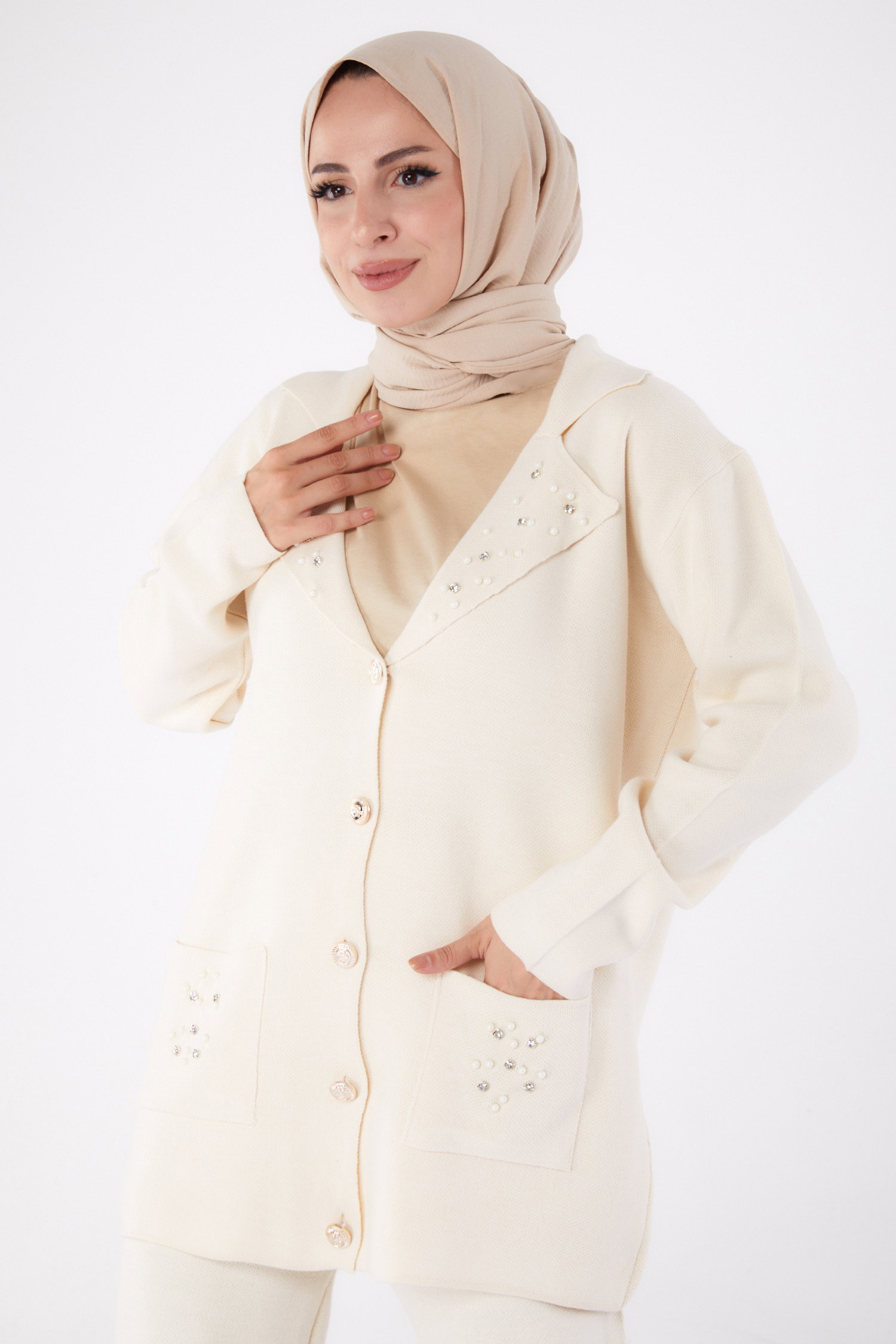 İncili Triko Takım Ekru - 26410 - 3