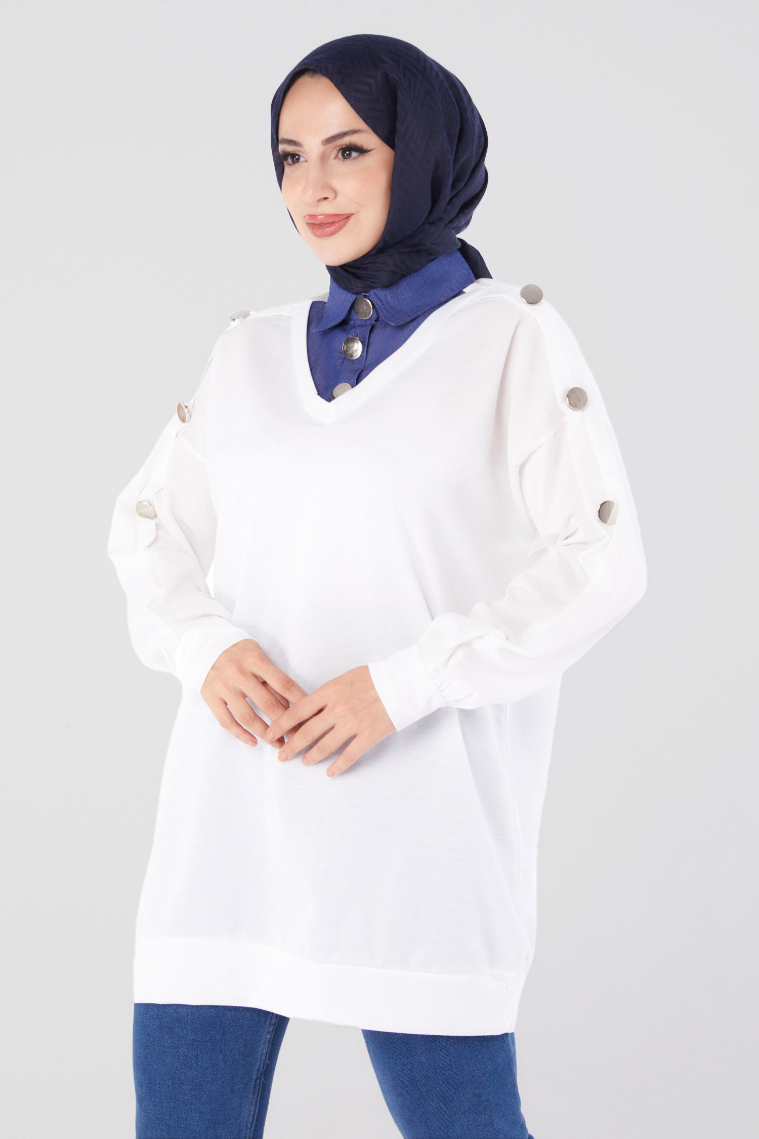 Kot Detaylı Sweatshirt Ekru - 13298 - 2
