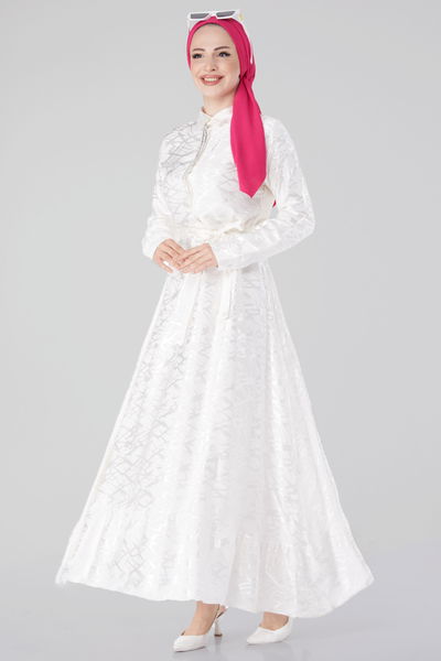 Taş Detaylı Abiye Elbise Ekru - 25191 