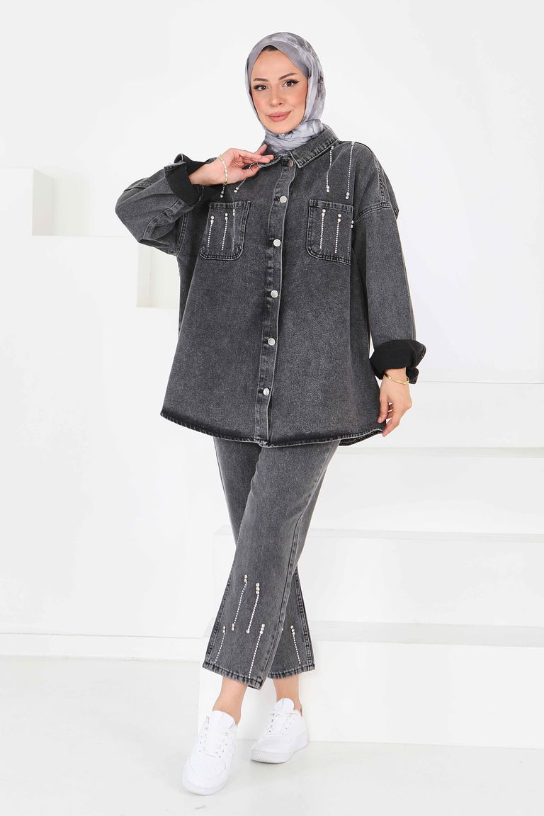 Taş Detaylı İkili Takım Füme - 25364 - TOFİSA