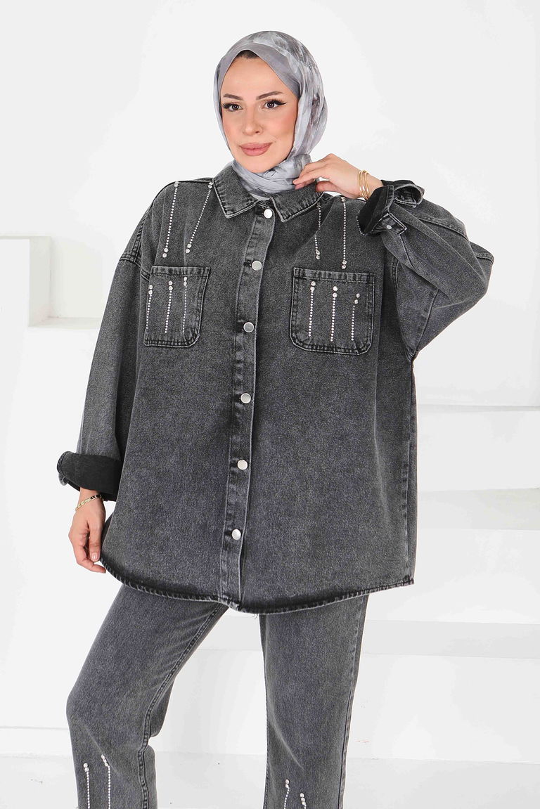 Taş Detaylı İkili Takım Füme - 25364 - TOFİSA