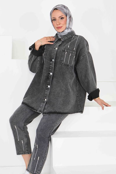 Taş Detaylı İkili Takım Füme - 25364 