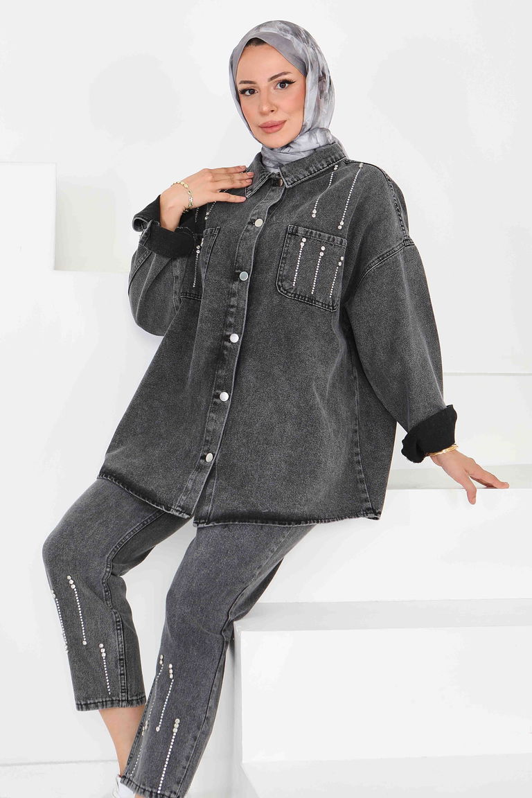 Taş Detaylı İkili Takım Füme - 25364 - TOFİSA